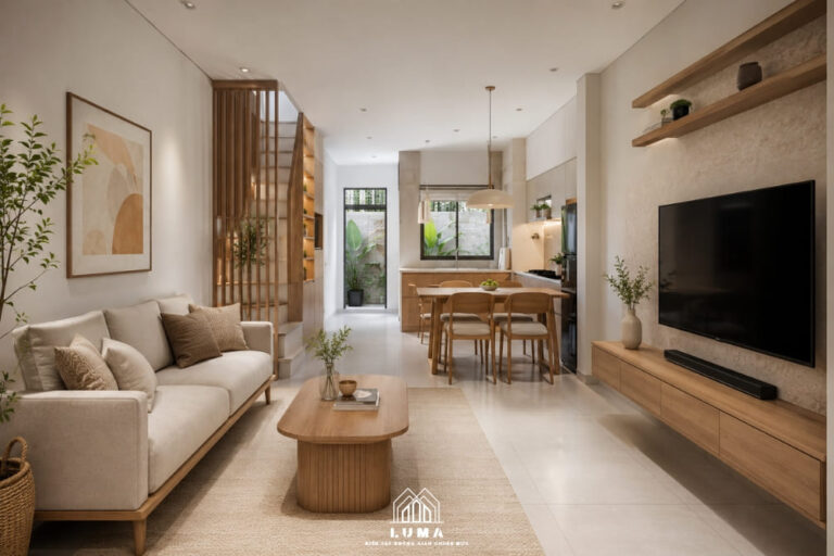 thiết kế phòng khách nhà phố 50m2 hiện đại