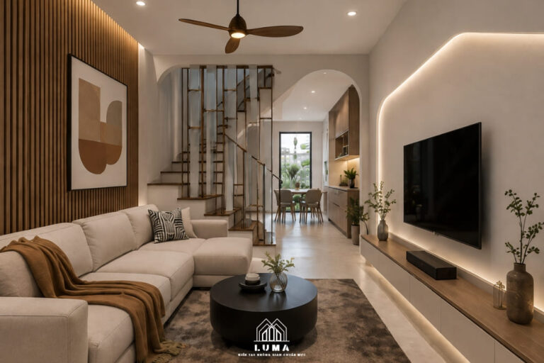 thiết kế phòng khách nhà phố 60m2 hiện đại
