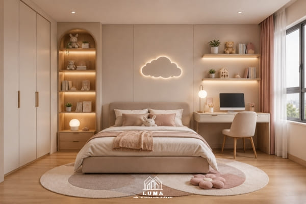 ngủ tối giản với đèn hình mây